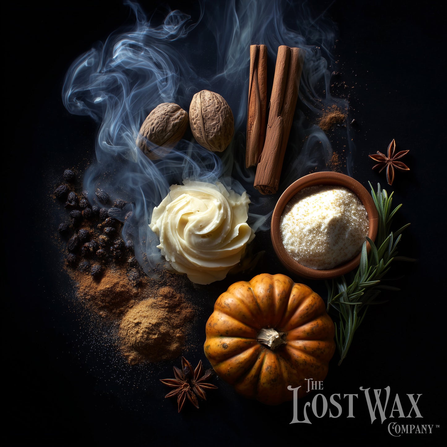 Ingredients for a pumpkin pie: clove, cinnamon, nutmeg, buttercream, vanilla and pumpkin, with a few wisps of smoke for atmosphere.