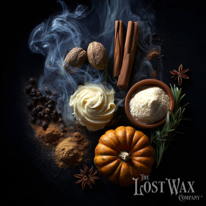 Ingredients for a pumpkin pie: clove, cinnamon, nutmeg, buttercream, vanilla and pumpkin, with a few wisps of smoke for atmosphere.