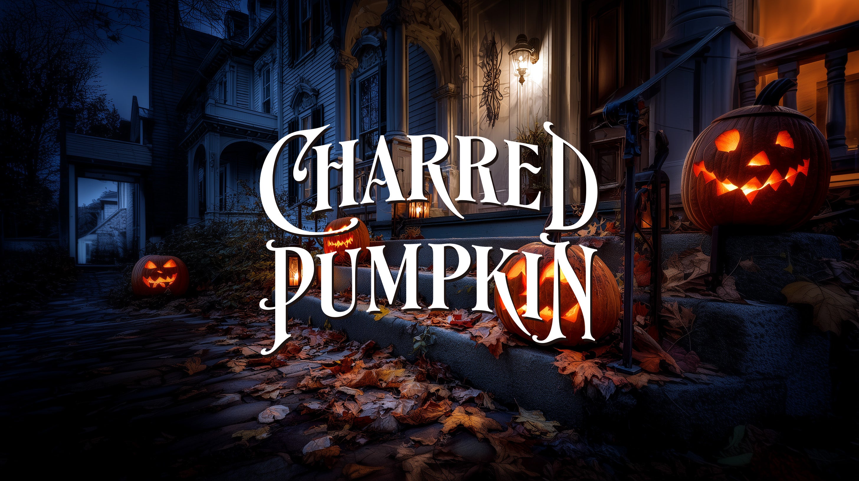 Halloween-themed scene with carved pumpkins and the text 'Charred Pumpkin' in a dark, eerie setting.
