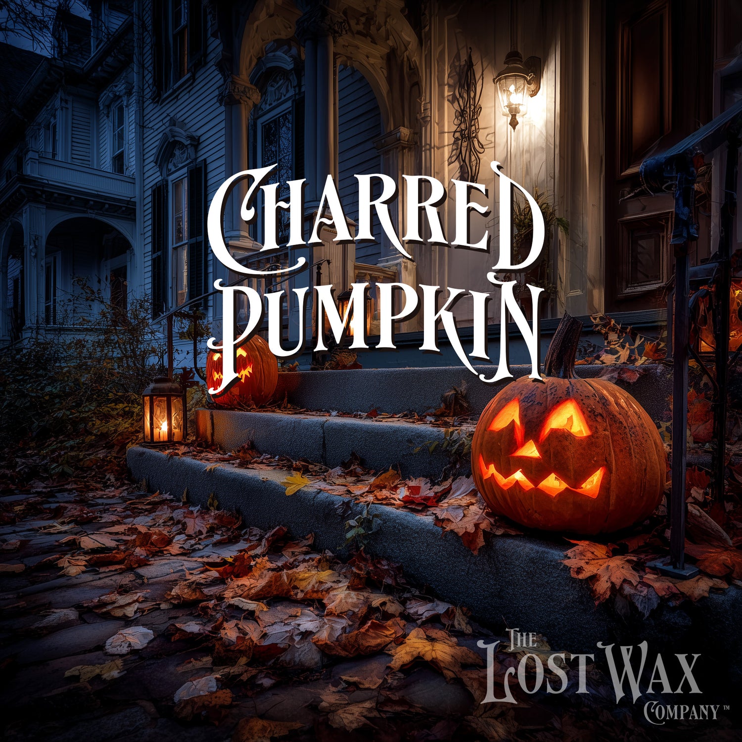 Carved pumpkins on steps with a dark, eerie house in the background