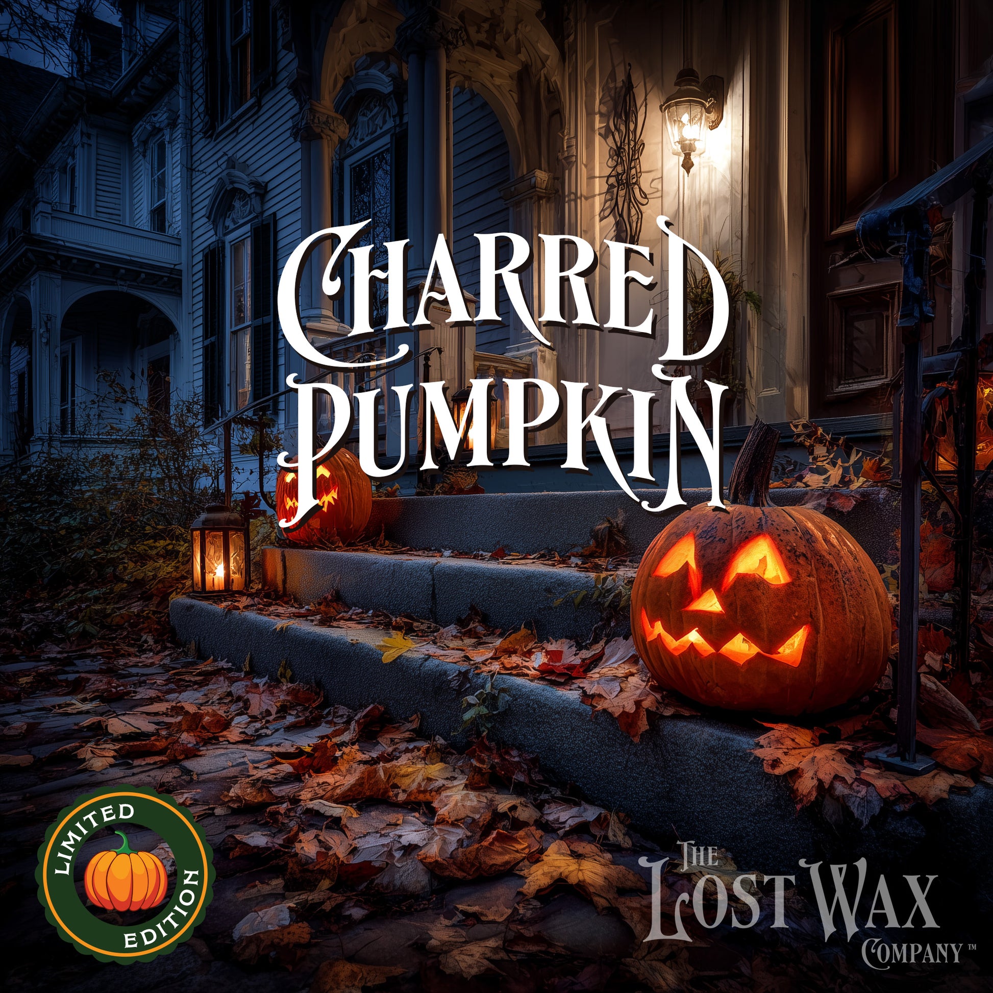 Carved pumpkins on steps with a dark, eerie house in the background