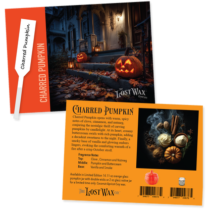 Lost Wax Charred Pumpkin fragrance sample card with detailed description and branding.