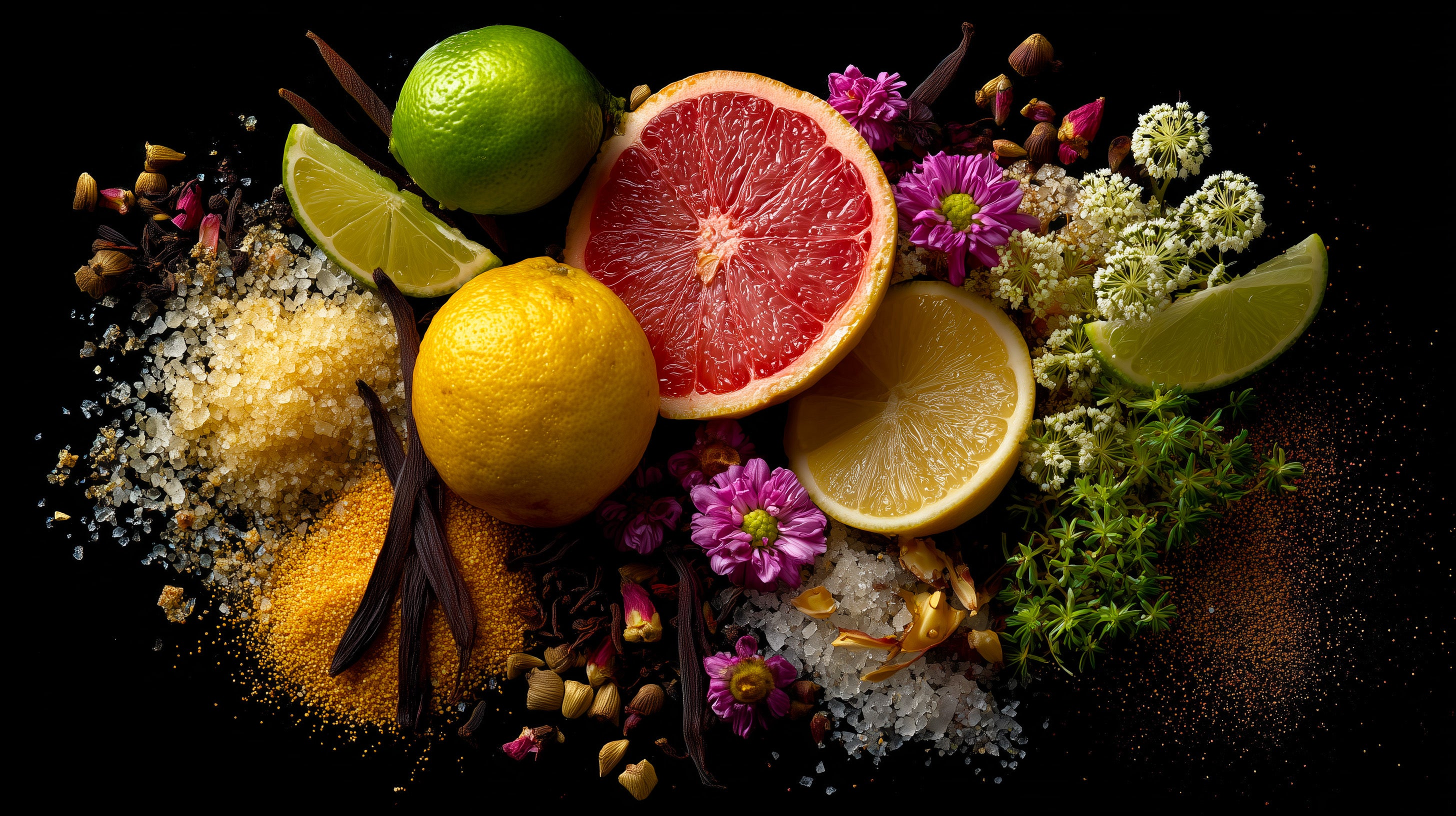Citrus fruits, flowers, and spices on a dark surface