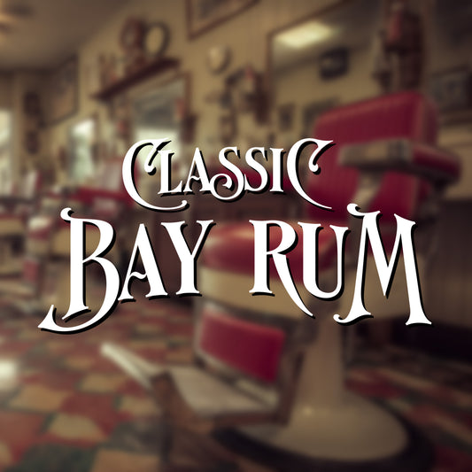 Barbershop interior with vintage chair and 'Classic Bay Rum' text overlay