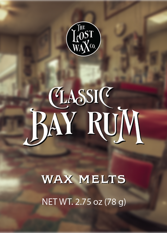 Label for 'Classic Bay Rum' wax melts with a vintage barbershop background.