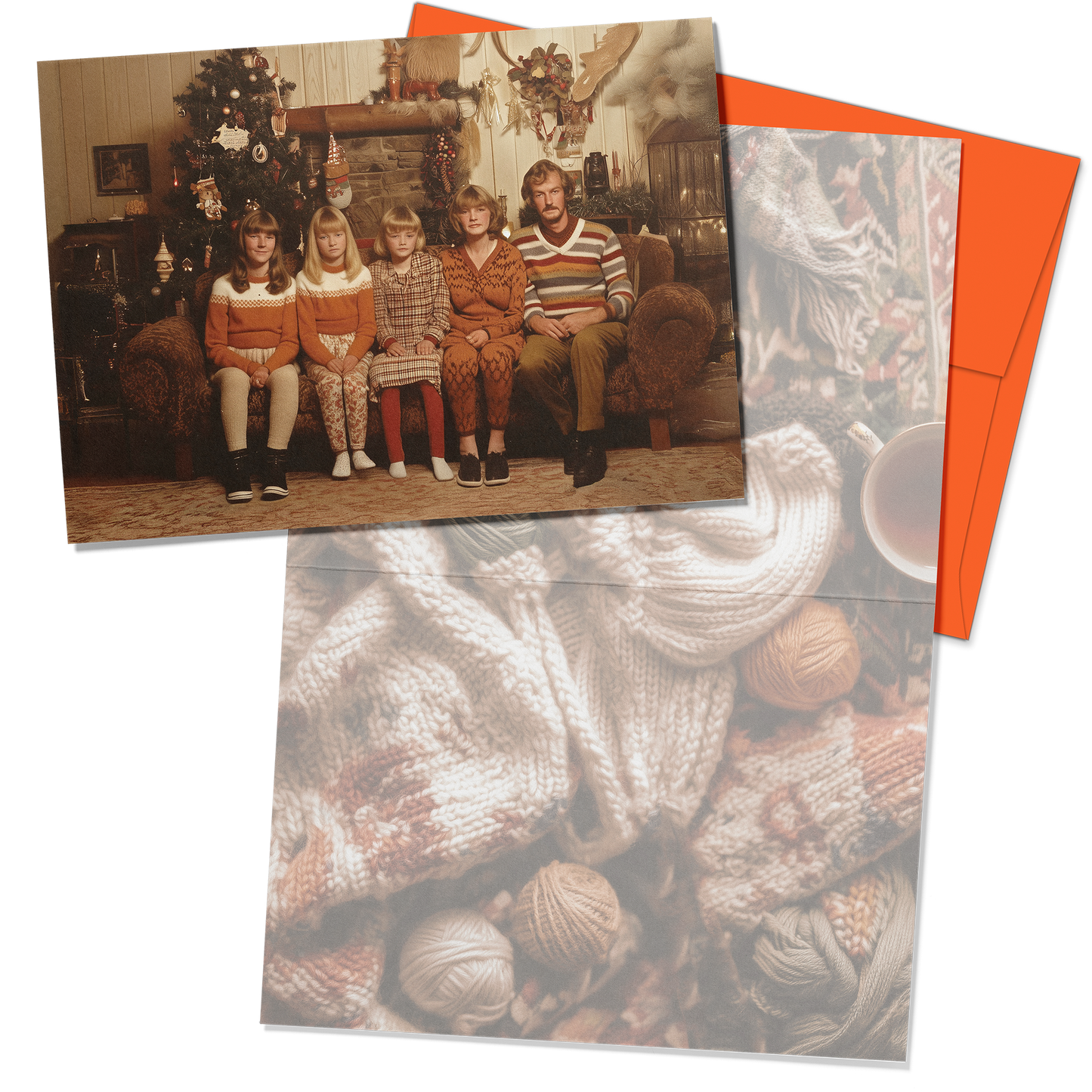 Family photo on a card with a textured yarn background