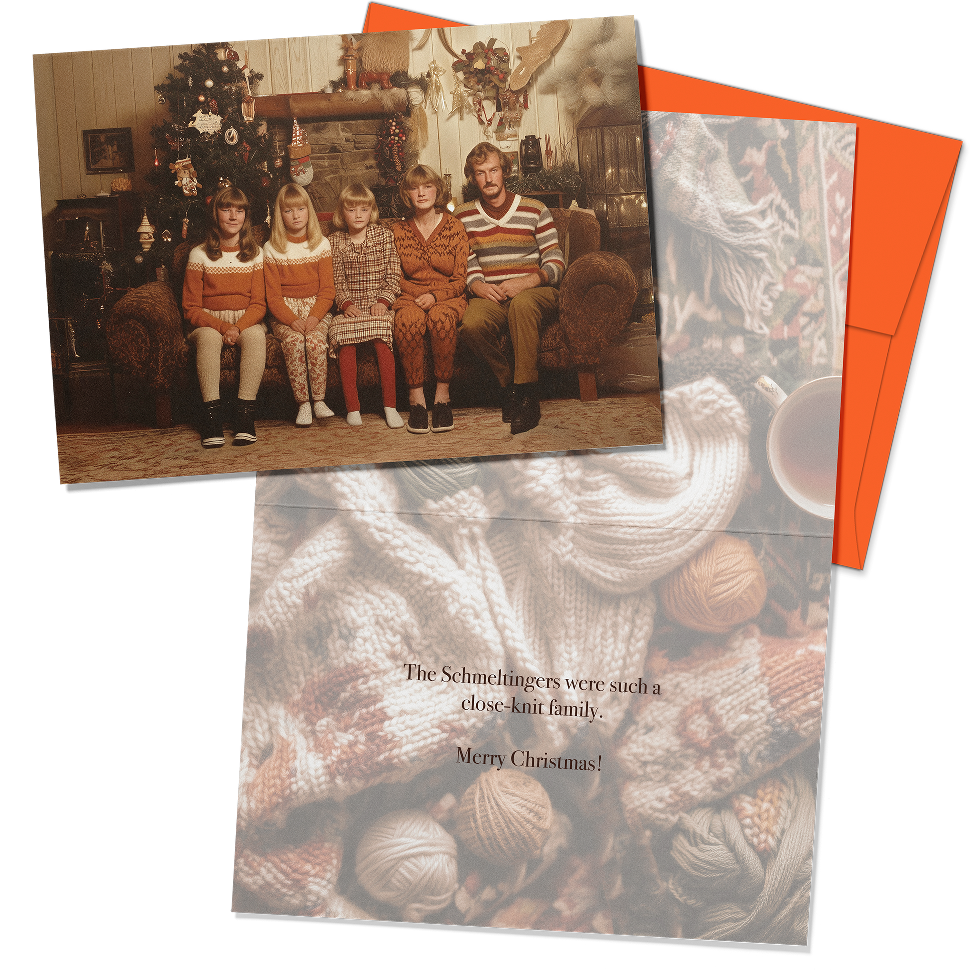 Family photo on a card with an orange envelope