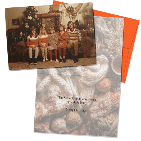 Family photo on a card with an orange envelope