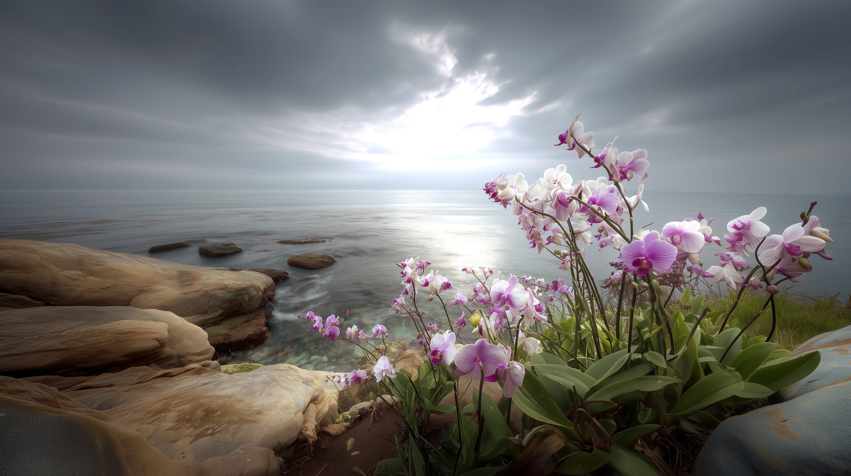 Pink flowers on a rocky coastline with ocean and sky in the background