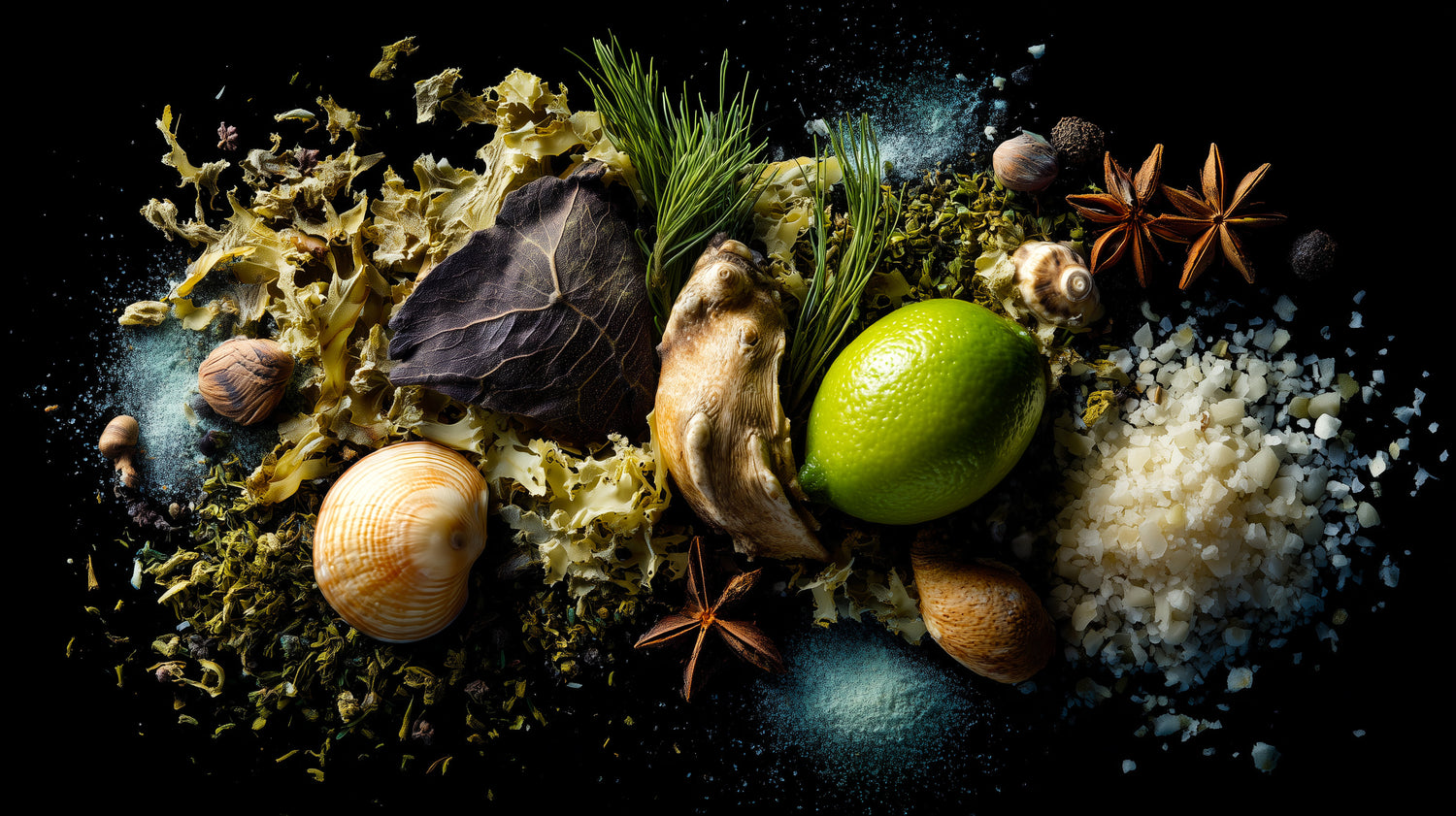 Spices, herbs, and a lime on a dark surface