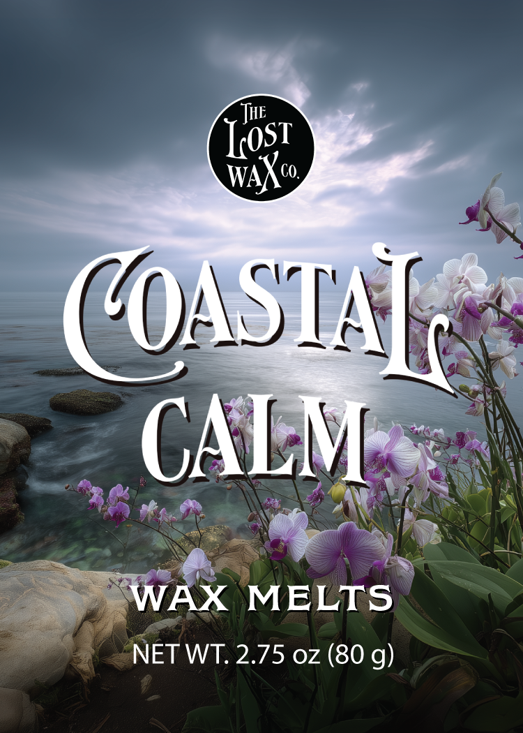 Coastal Calm wax melts packaging with scenic background and brand logo.