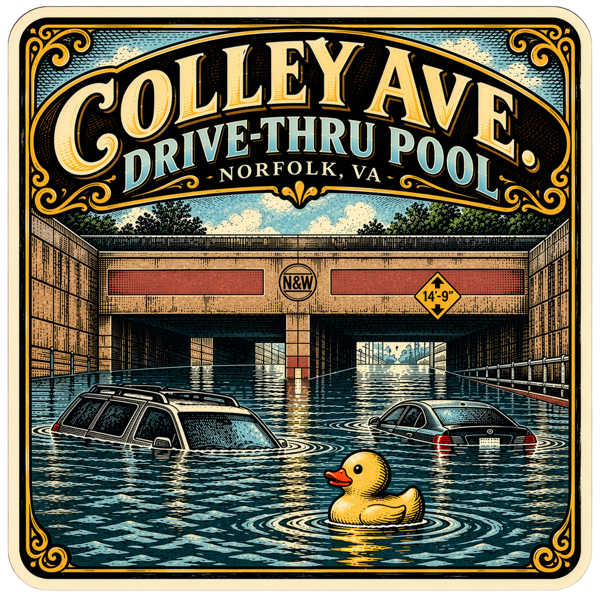 A square illustrated magnet featuring a vintage-style street sign reading “Colley Ave. Drive-Thru Pool Norfolk, VA,” above an underwater scene of a flooded underpass with cars submerged and a yellow rubber duck floating in the foreground.