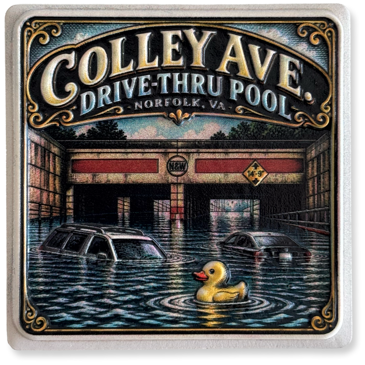 A square illustrated magnet featuring a vintage-style street sign reading “Colley Ave. Drive-Thru Pool Norfolk, VA,” above an underwater scene of a flooded underpass with cars submerged and a yellow rubber duck floating in the foreground.