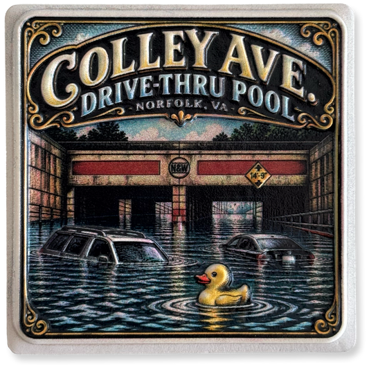 A square illustrated magnet featuring a vintage-style street sign reading “Colley Ave. Drive-Thru Pool Norfolk, VA,” above an underwater scene of a flooded underpass with cars submerged and a yellow rubber duck floating in the foreground.
