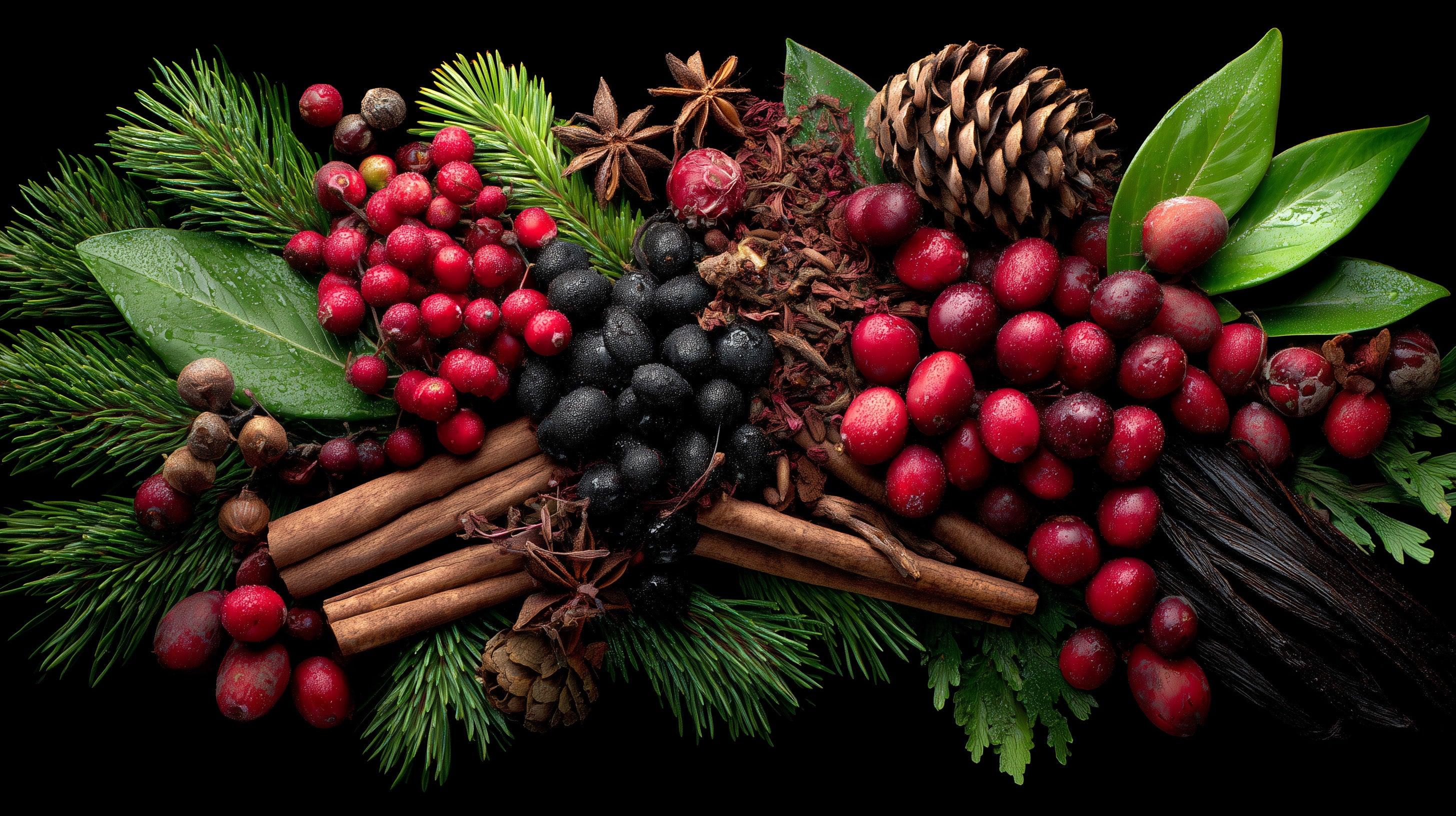 Decorative arrangement of berries, cinnamon sticks, and pine cones on a black background