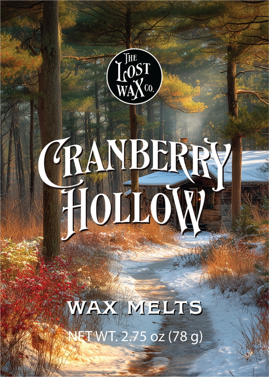 Cranberry Hollow wax melts packaging with a forest scene and 'The Lost Wax Co.' branding.