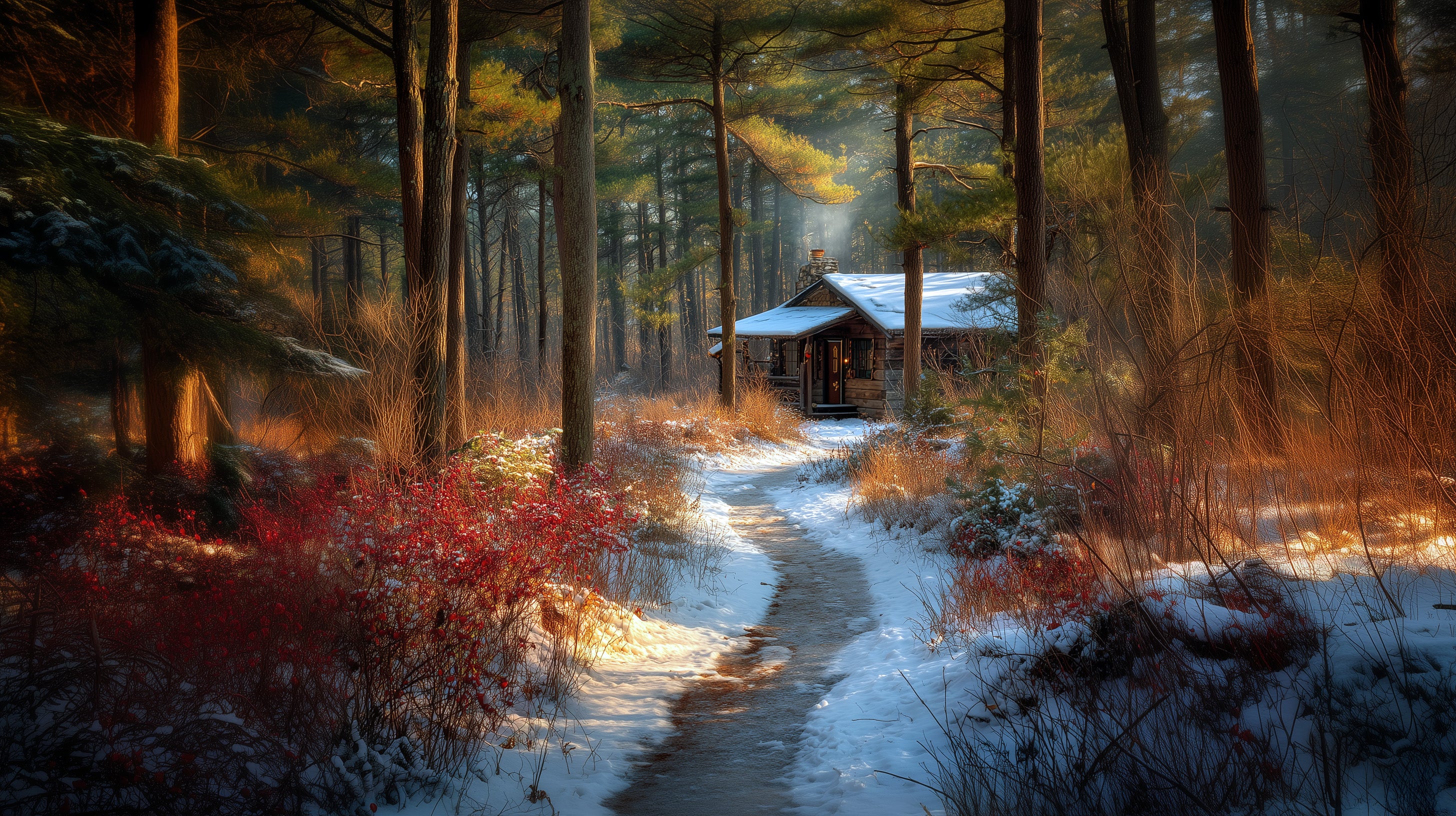 Wooden cabin in a snowy forest with a path leading up to it