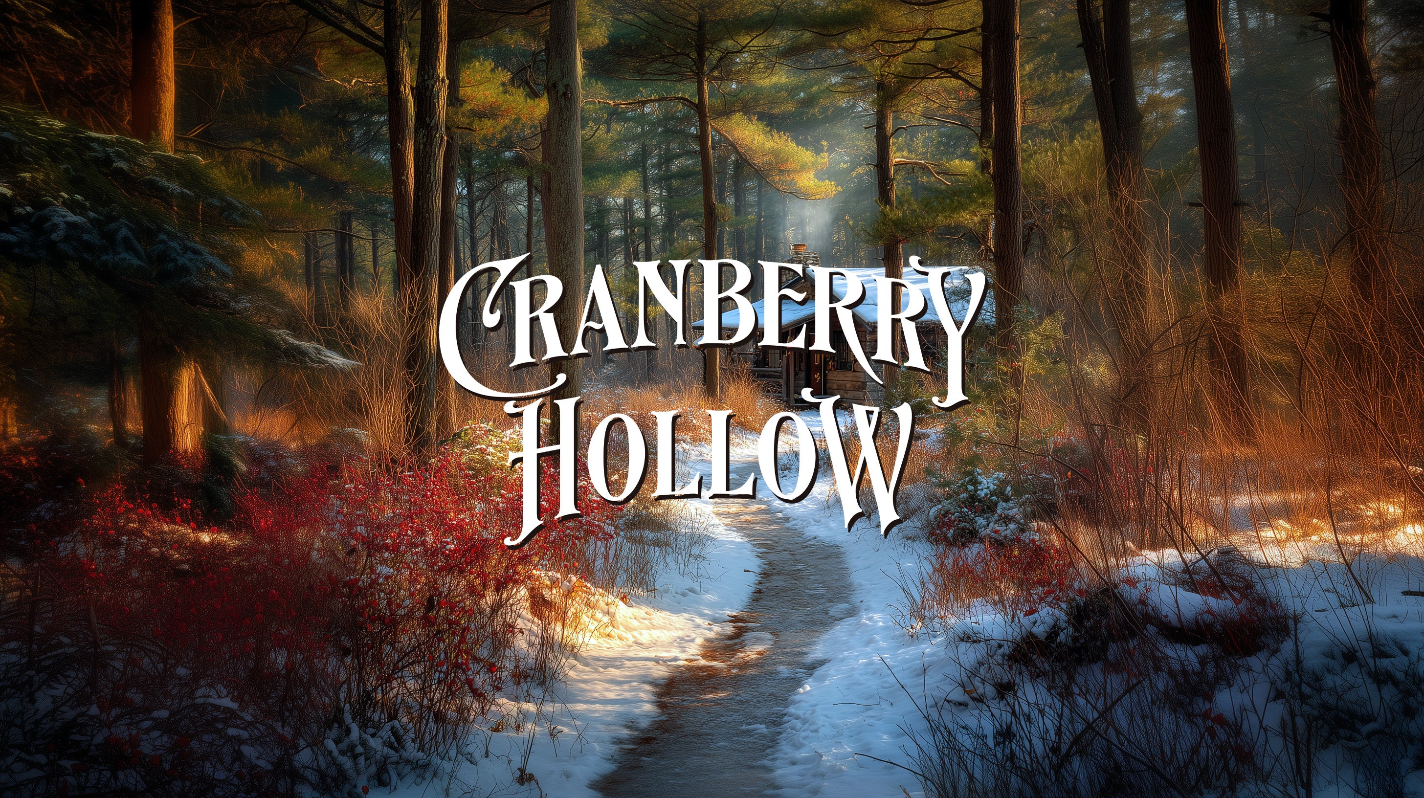 Framed winter scene with 'Cranberry Hollow' text in a forest setting
