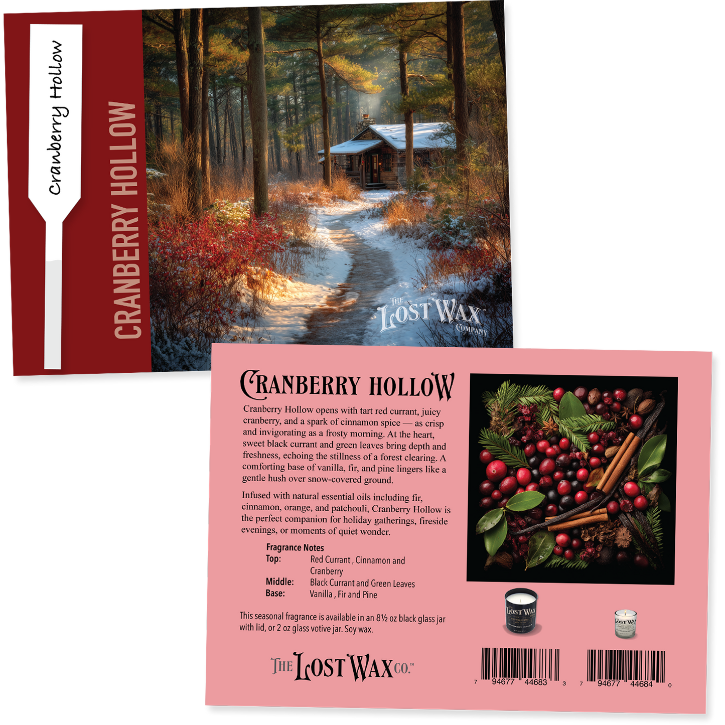 Cranberry Hollow fragrance sample card with forest scene and product details.