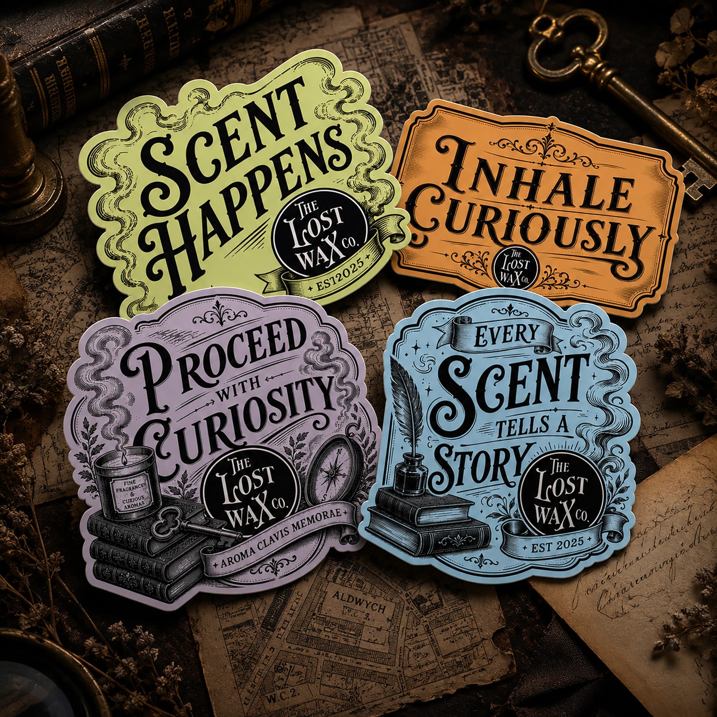 Four decorative stickers with text on a vintage-style background