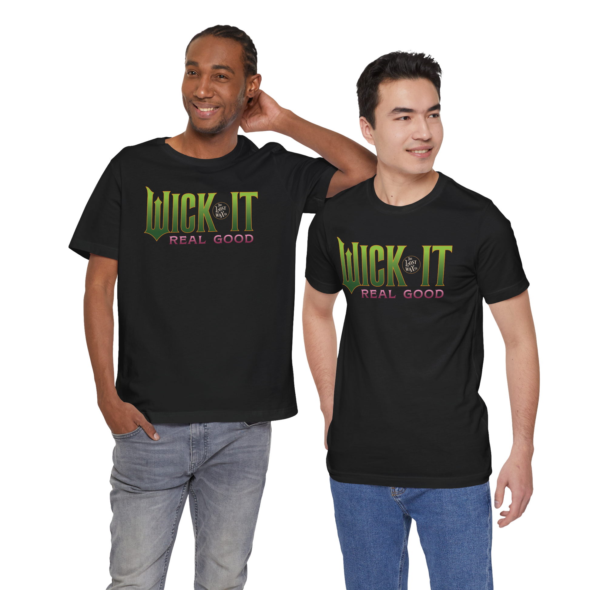 Two people wearing black t-shirts with 'Wick It Real Good' text on a white background