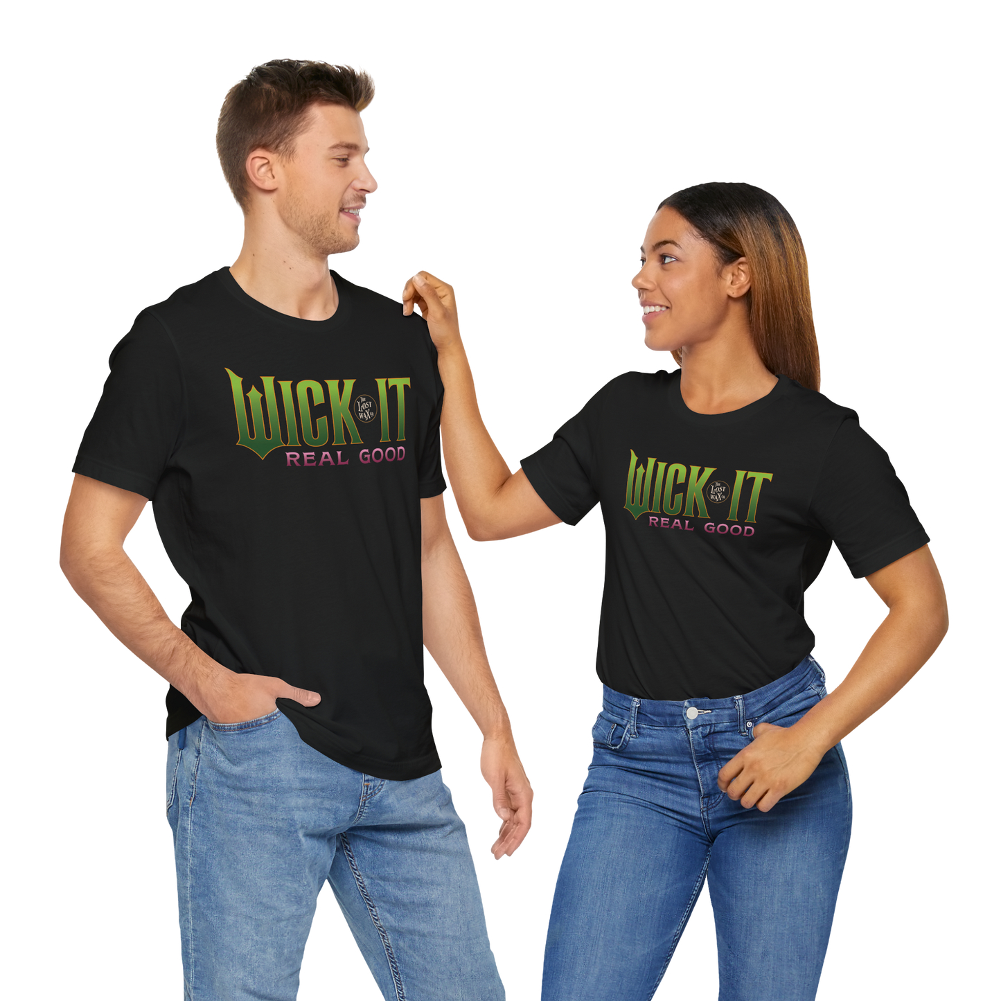 Two people wearing black t-shirts with 'Wick It Real Good' text on a white background