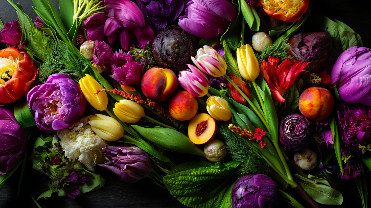 Colorful bouquet of flowers and fruits on a dark background