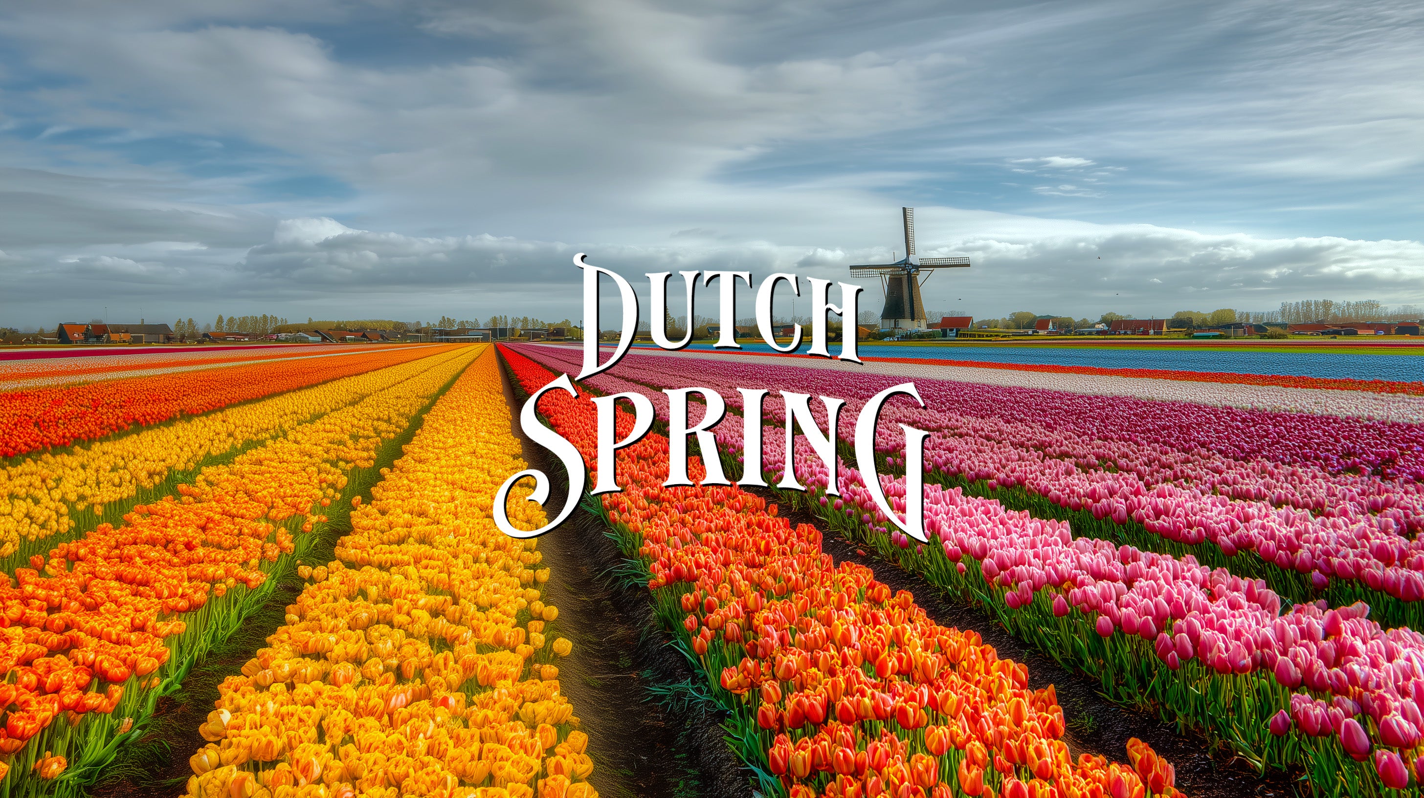 Colorful tulip fields with a windmill and 'Dutch Spring' text on a blue sky background.