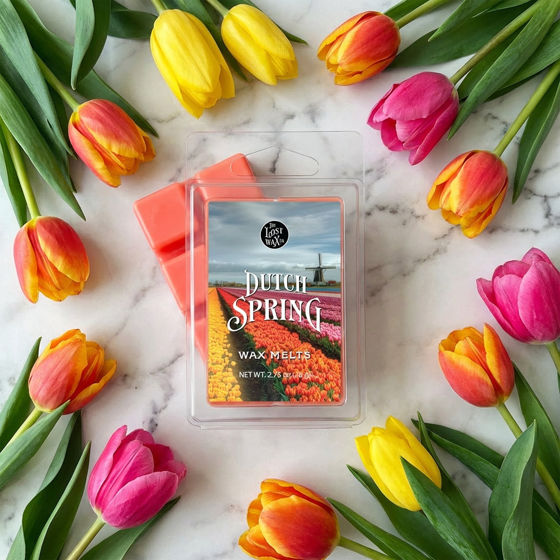 Wax melts packaging labeled 'Dutch Spring' surrounded by colorful tulips on a marble surface