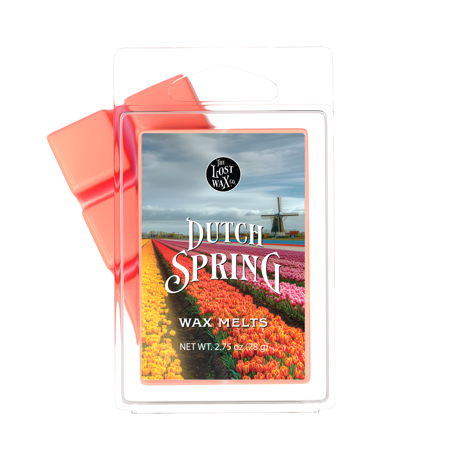 Wax melt packaging with 'Dutch Spring' design and windmill image on a white background