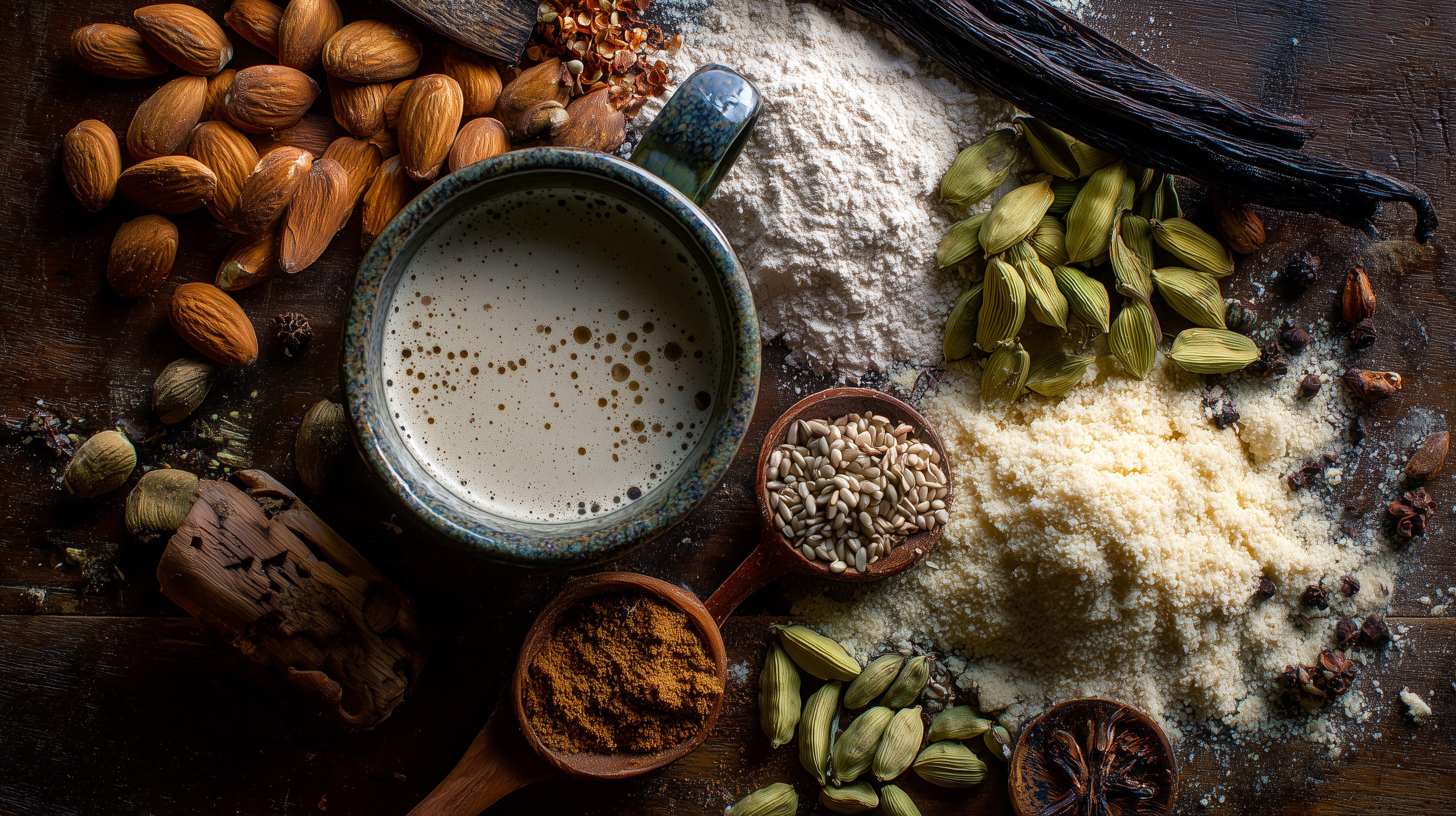 Spice blend with a cup of steamed milk on a wooden surface