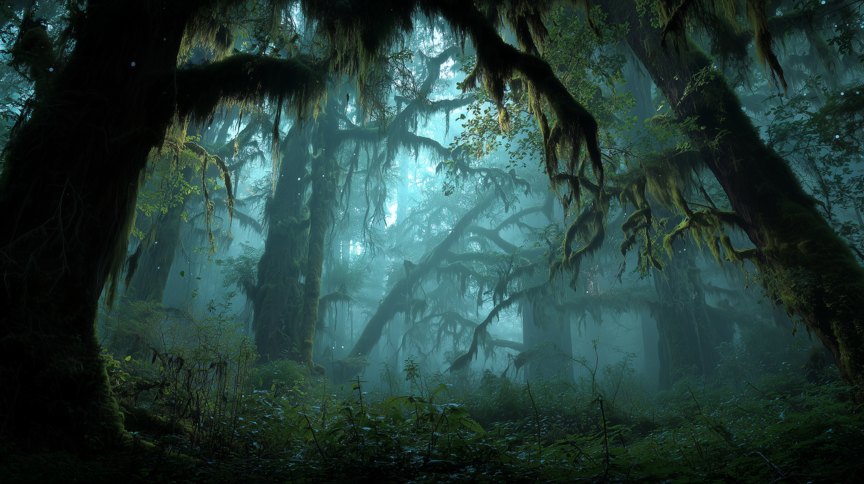 Mysterious forest with fog and twisted trees