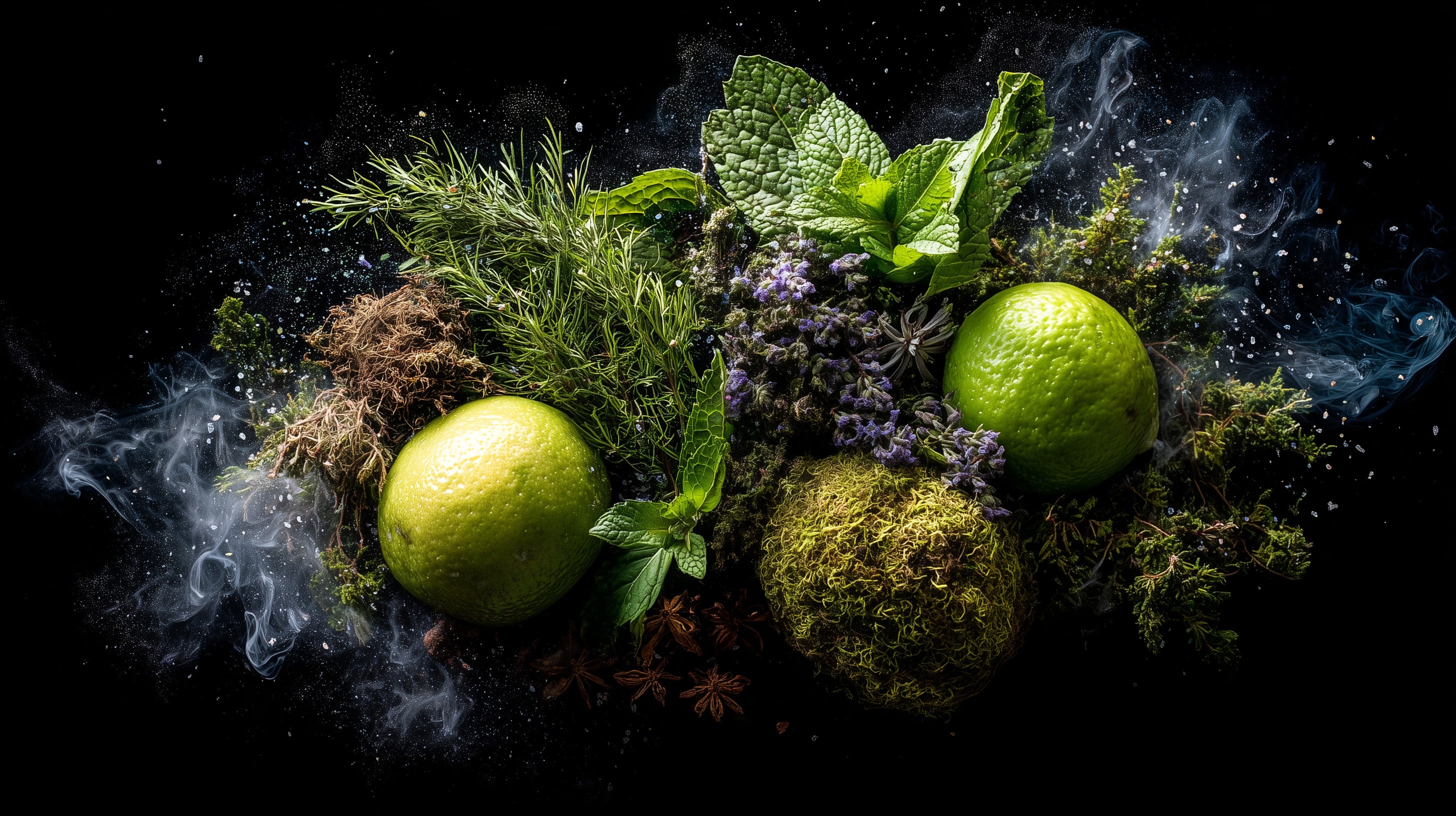 Limes and herbs on a dark background with moss, earth, and smoke effects