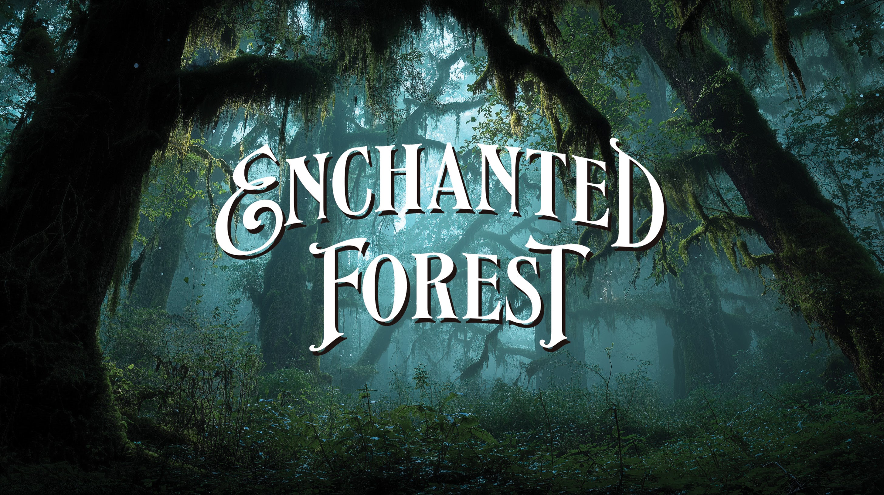 Dark forest scene with 'Enchanted Forest' text overlay