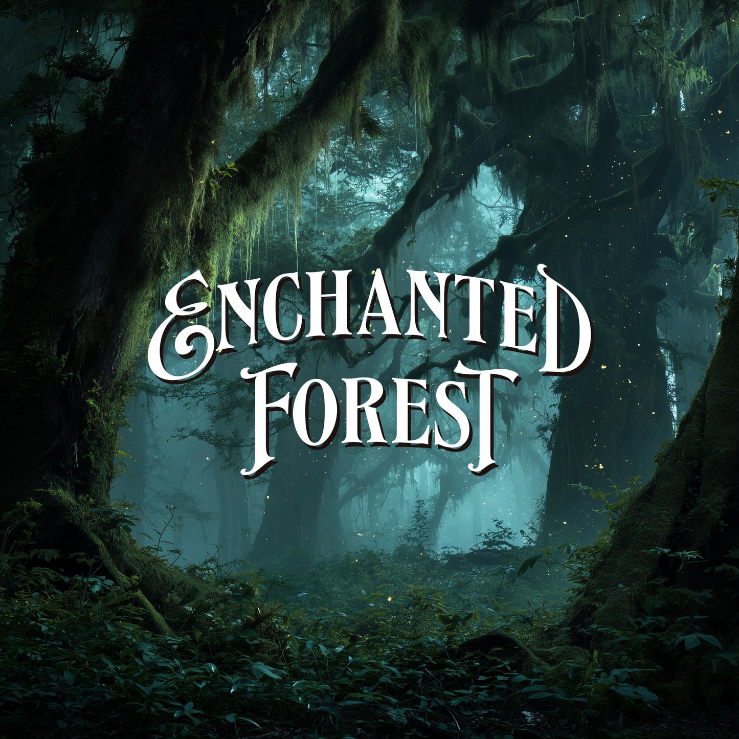 Enchanted forest with mystical atmosphere and 'Enchanted Forest' text overlay.