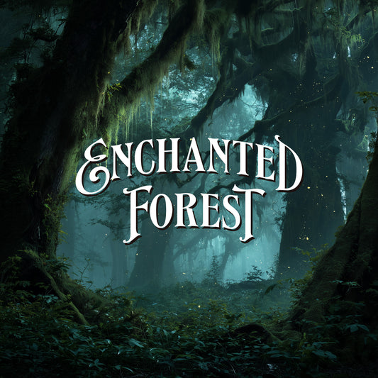Enchanted forest with mystical atmosphere and 'Enchanted Forest' text overlay.