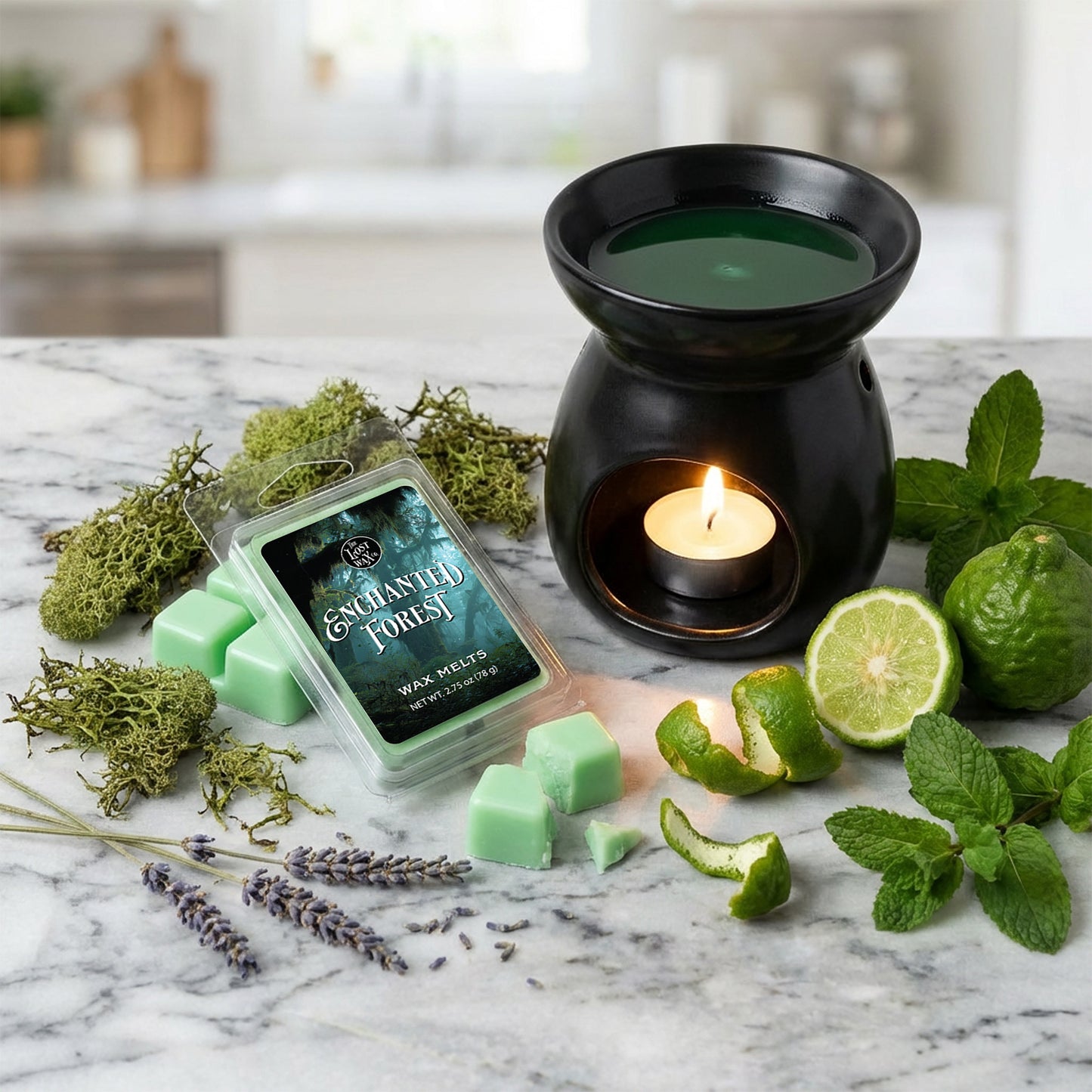 Wax melter with green wax and 'Enchanted Forest' wax melts packaging on a marble surface with greenery.