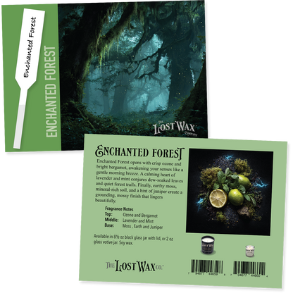 Lost Wax Co. Enchanted Forest fragrance sample card with tree image and description.