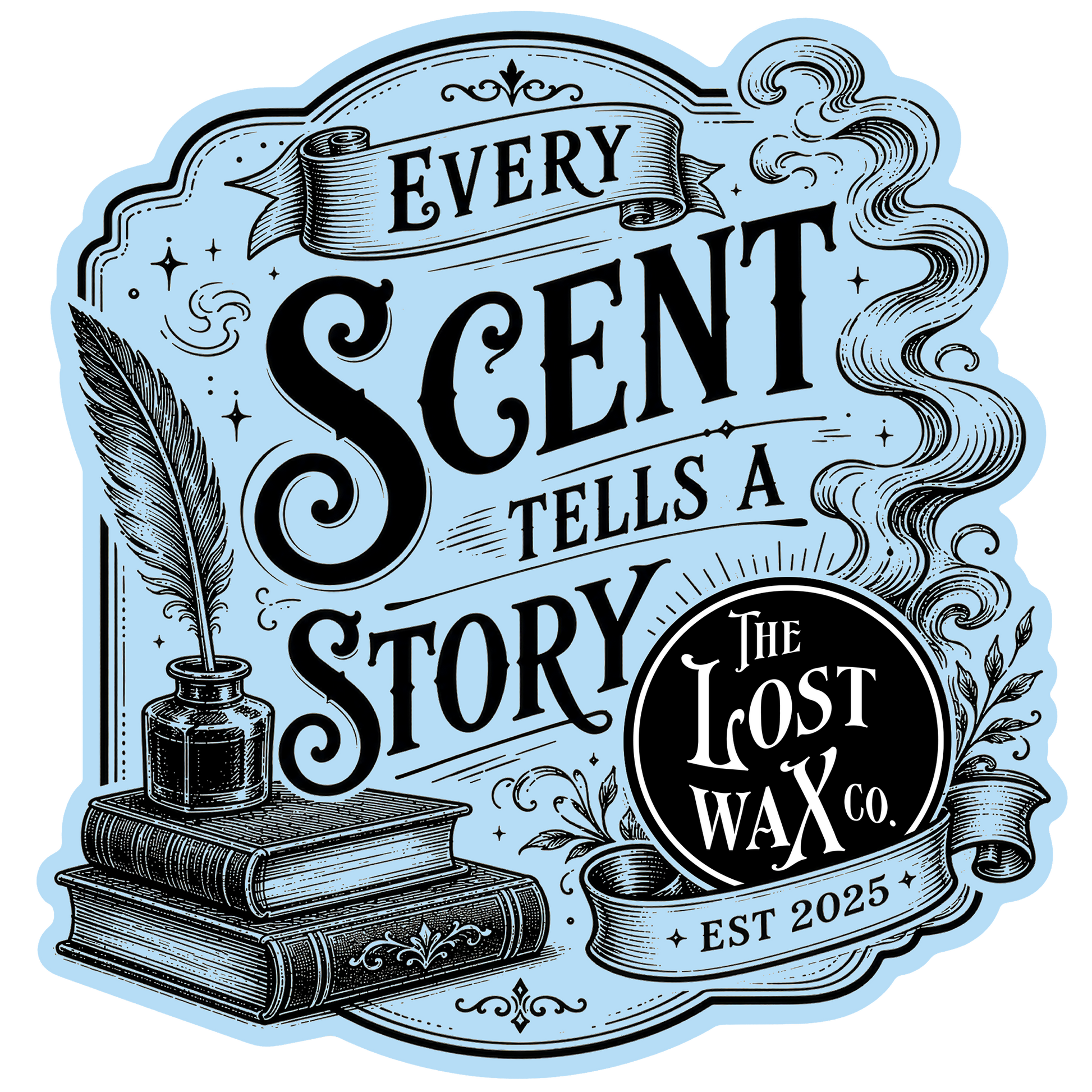Logo of the Lost Wax Co. with text "Every Scent Tells A Story" and illustration of books, and ink well & quill pen.