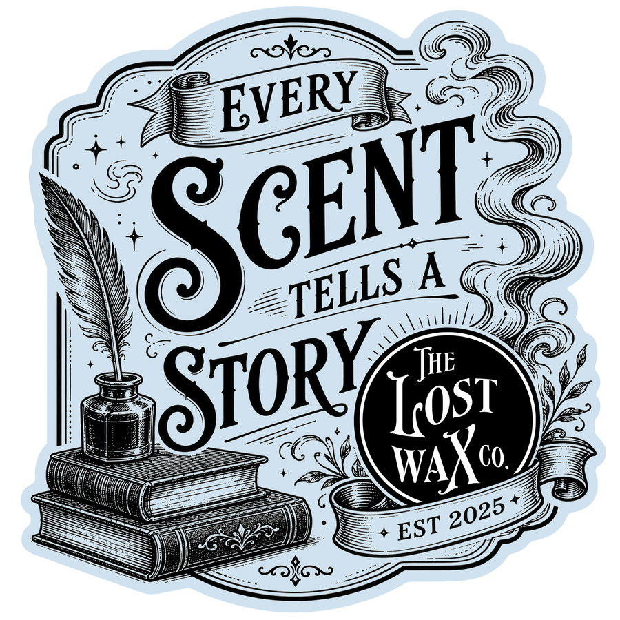 Logo of the Lost Wax Co. with text "Every Scent Tells A Story" and illustration of books, and ink well & quill pen.