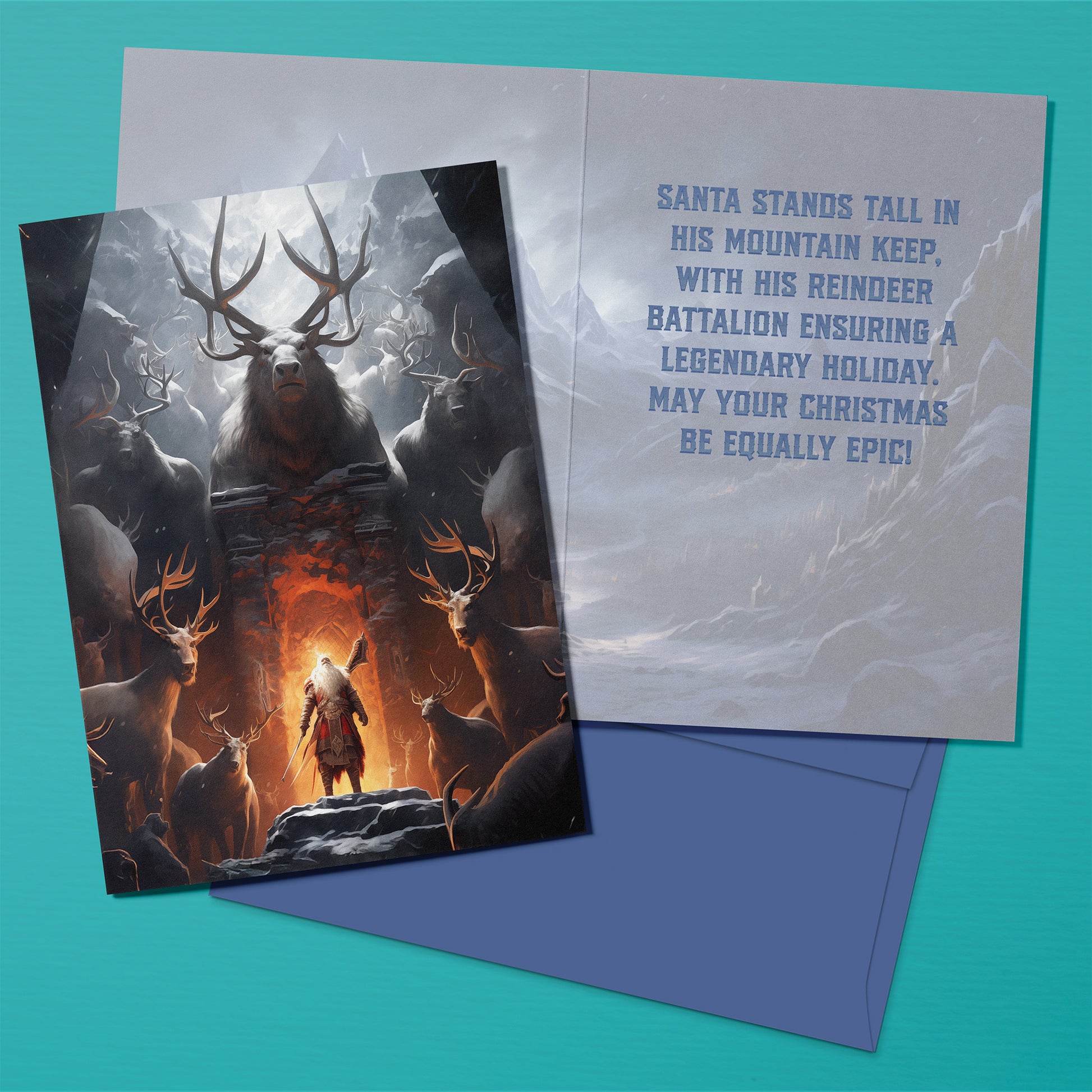 Greeting card with a fantasy illustration of Santa and reindeer, featuring a blue envelope.