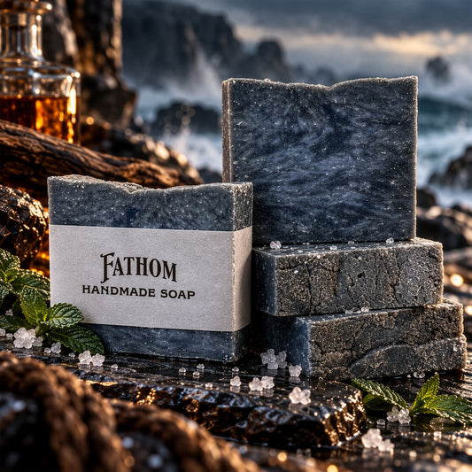 Four dark blue handmade soap bars with a paper label reading 'FATHOM HANDMADE SOAP' are arranged on rocks by the ocean, with waves and a bottle in the blurred background.