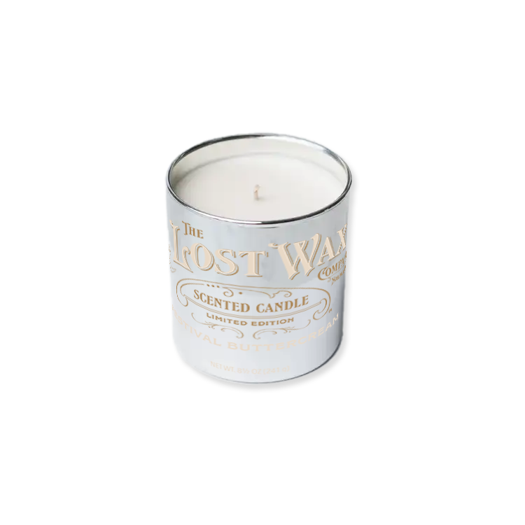Scented candle in a tin with 'The Lost Wax Company' branding on a white background