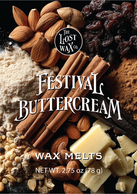 Festival Buttercream wax melts packaging with ingredients like almonds, cinnamon, and vanilla beans.
