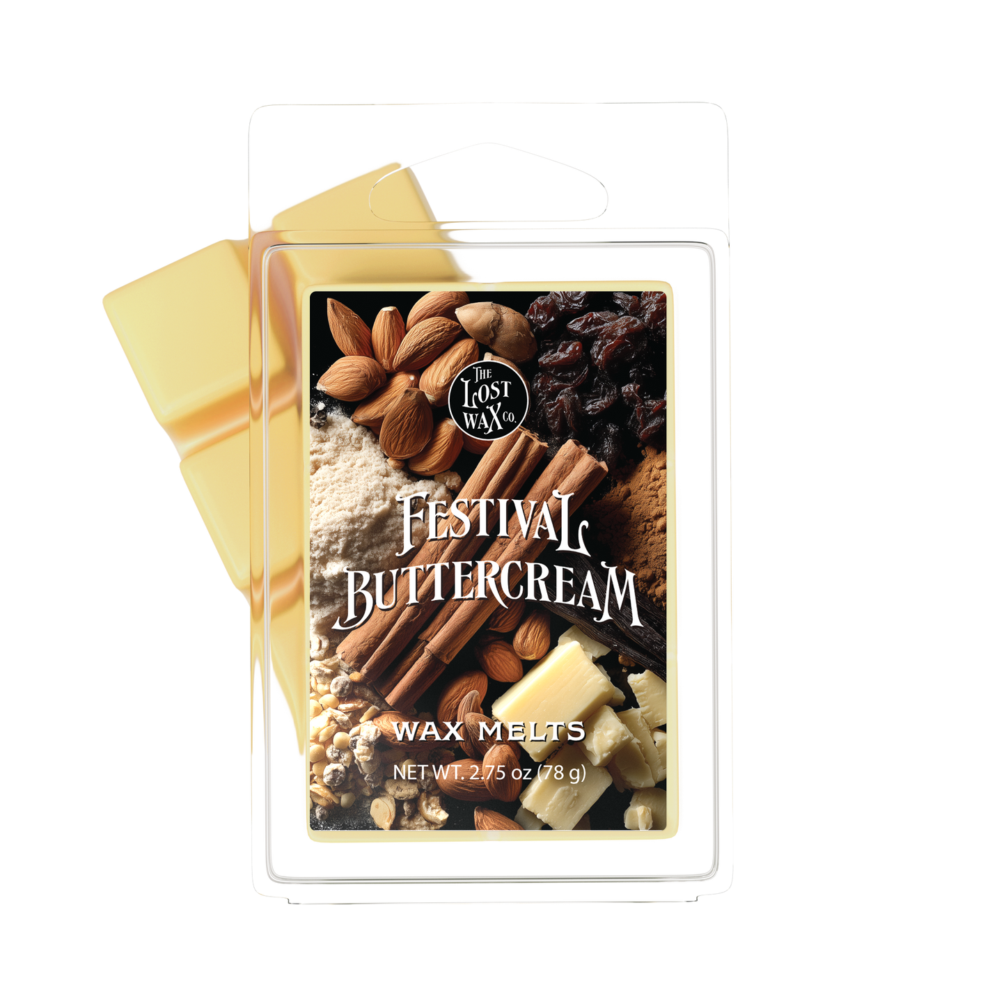 Festival Buttercream wax melts packaging with ingredients on a white background