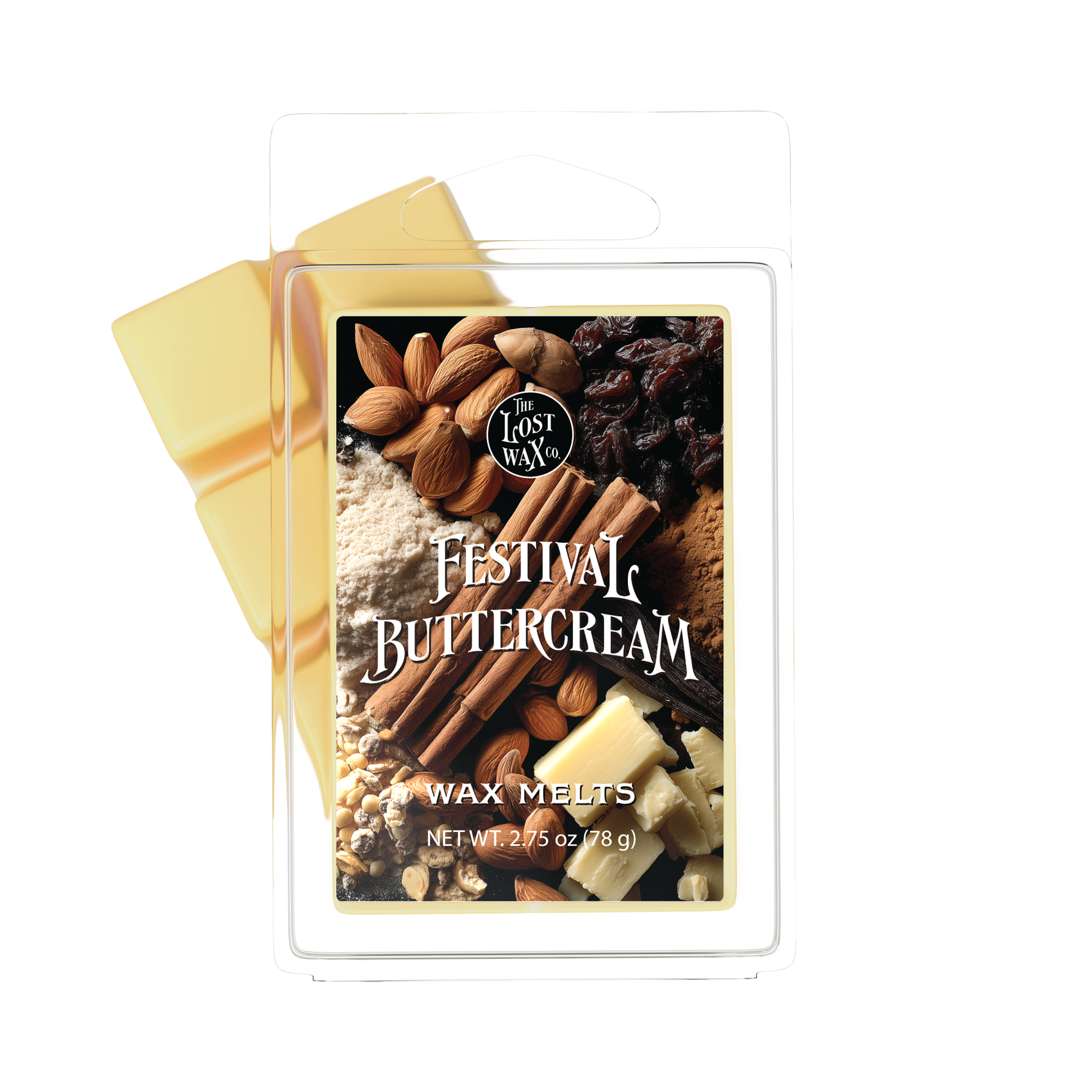 Festival Buttercream wax melts packaging with ingredients on a white background