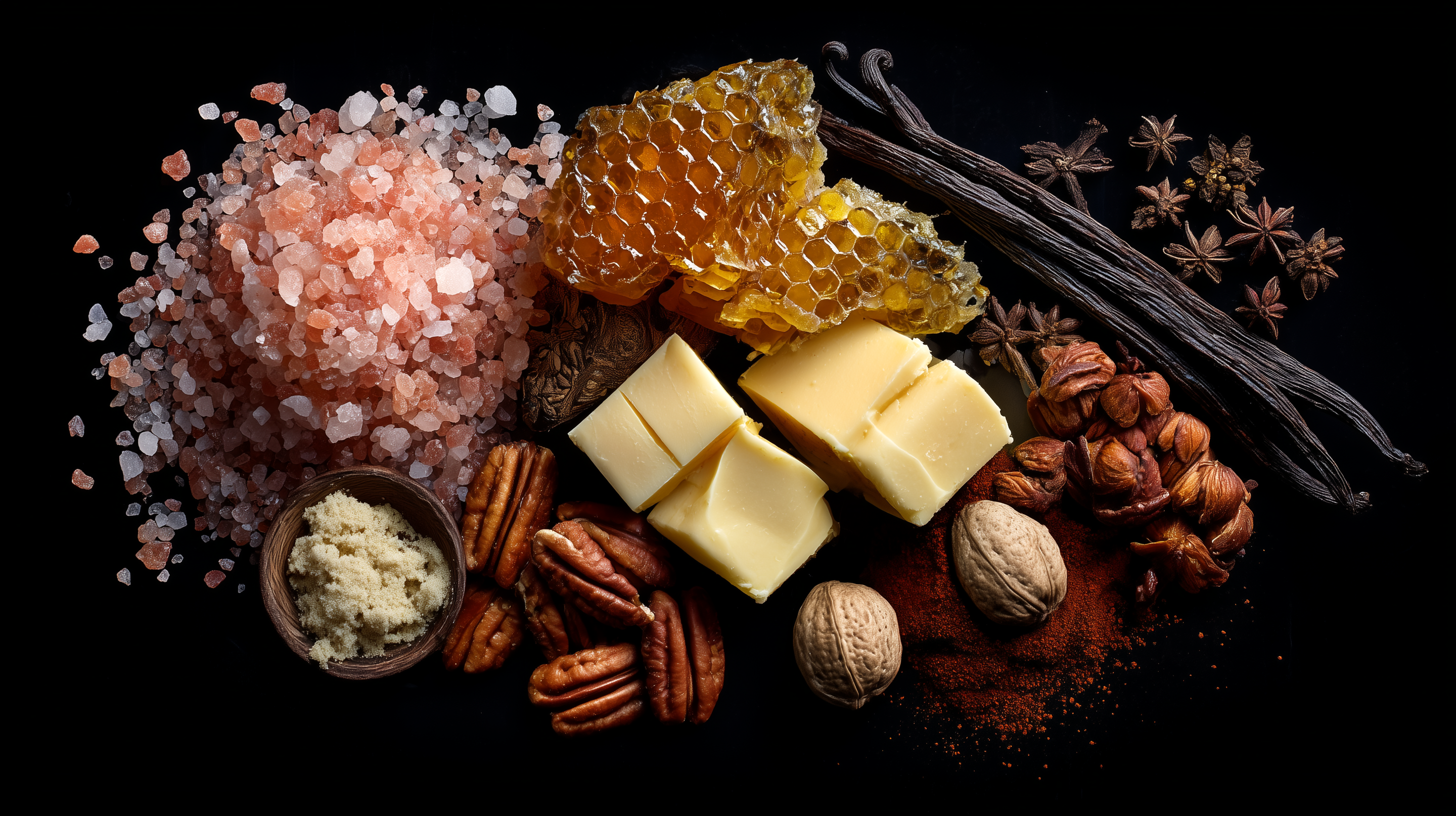 Spices and ingredients including salt, honeycomb, butter, nuts, and vanilla on a dark background