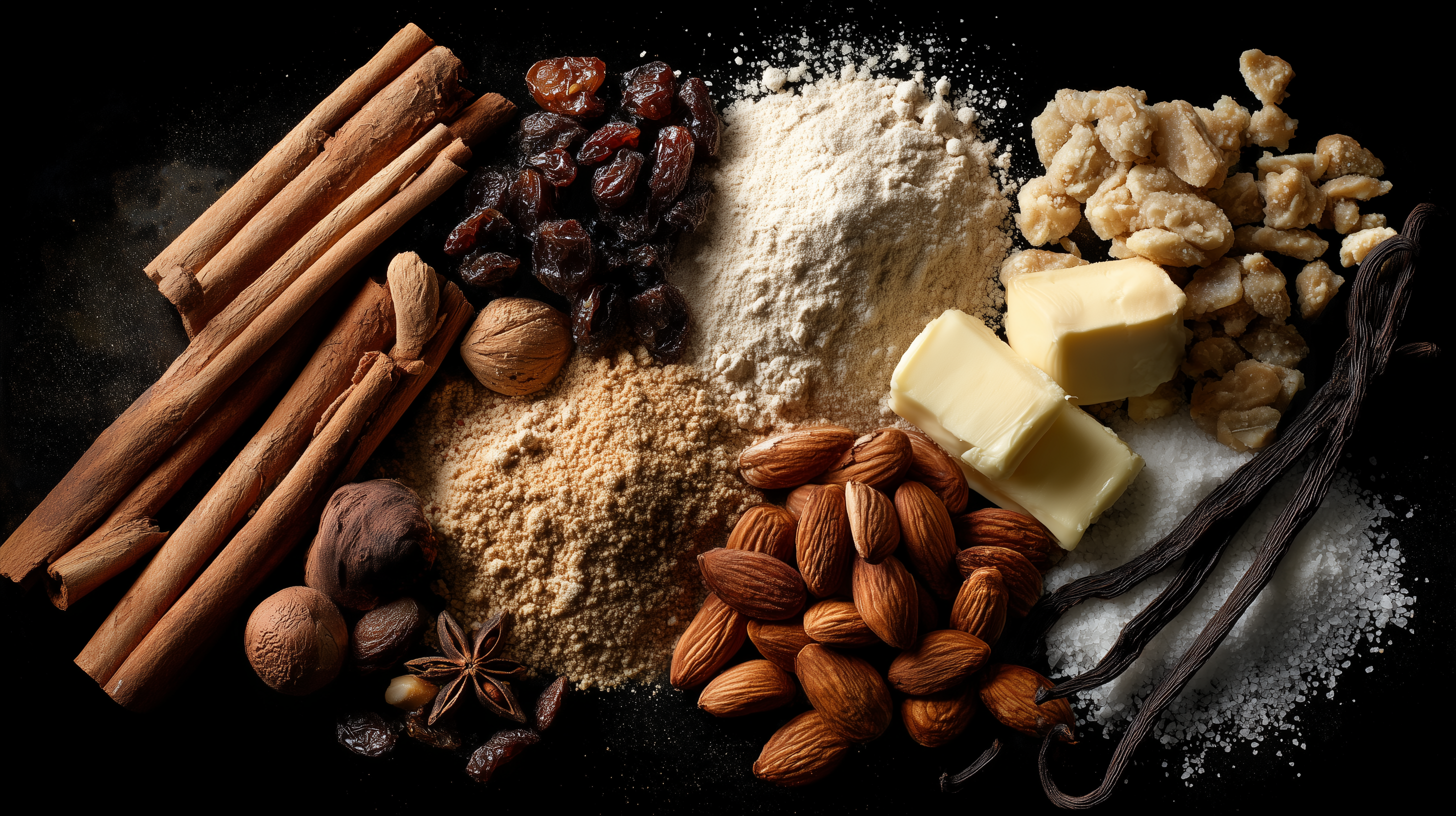Spices and ingredients including salt, honeycomb, butter, nuts, and vanilla on a dark background