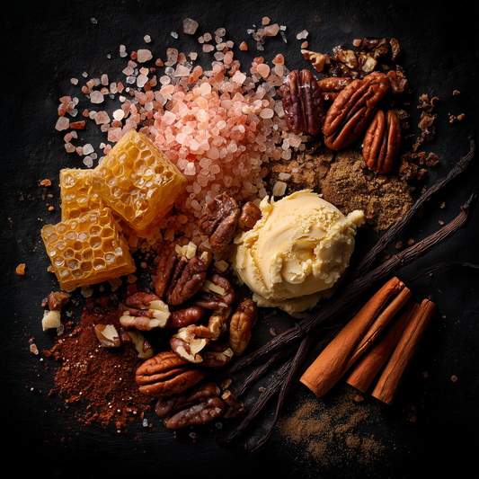 Spices, honeycomb, and vanilla beans on a dark surface