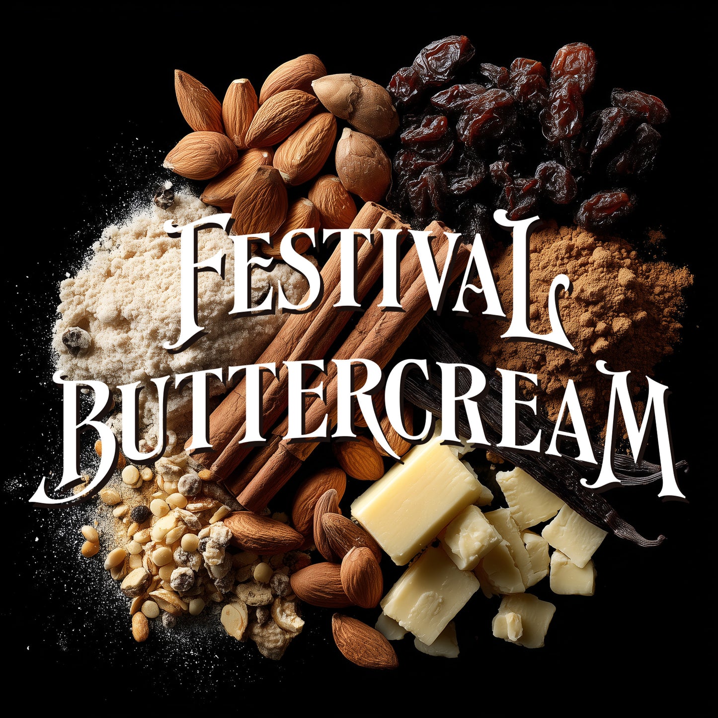 Spices, honeycomb, and vanilla beans with 'Festival Buttercream' text on a dark background
